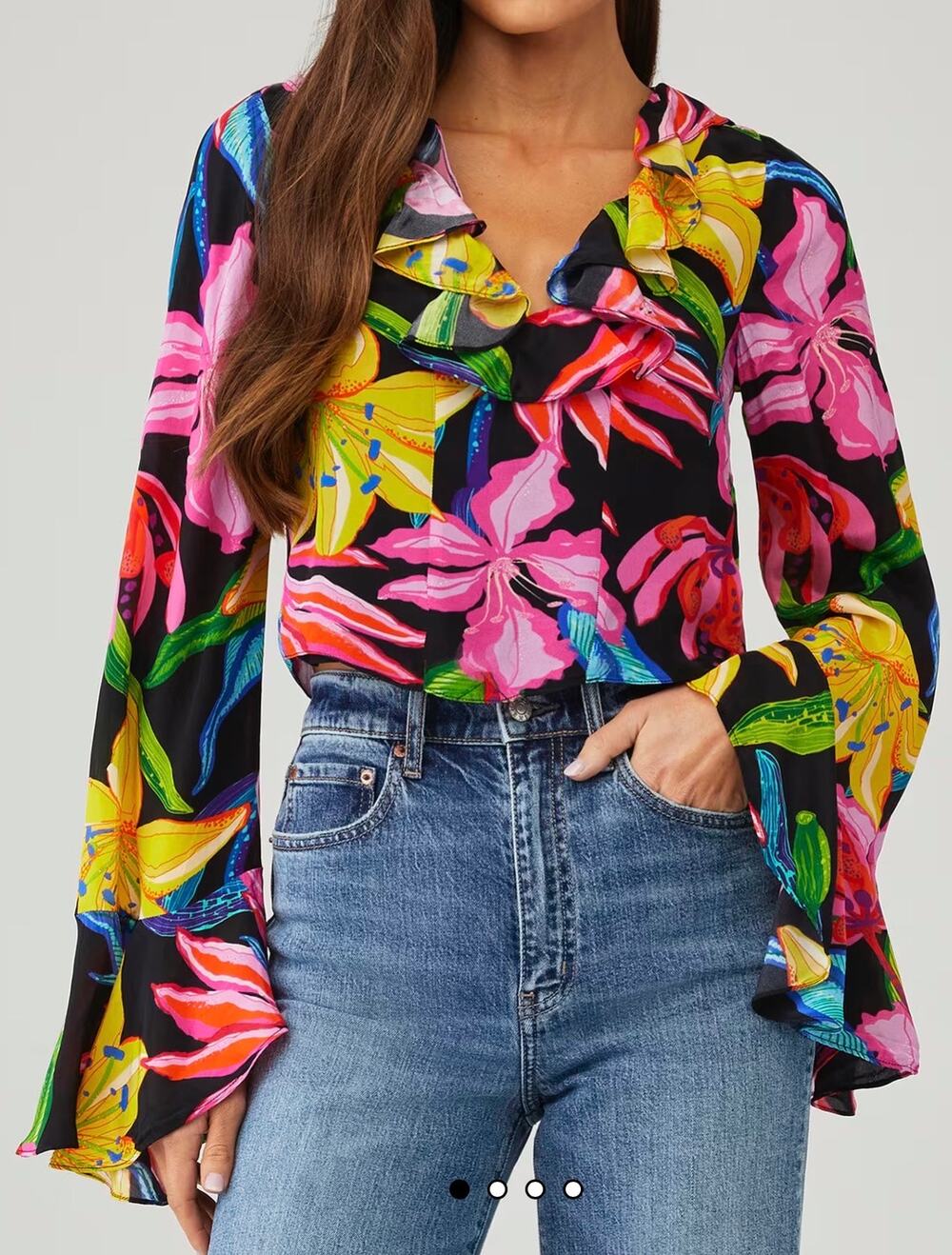 Rococo Sand Blouse Floral Tropical Print Long Ruffle Cuff Sleeve New